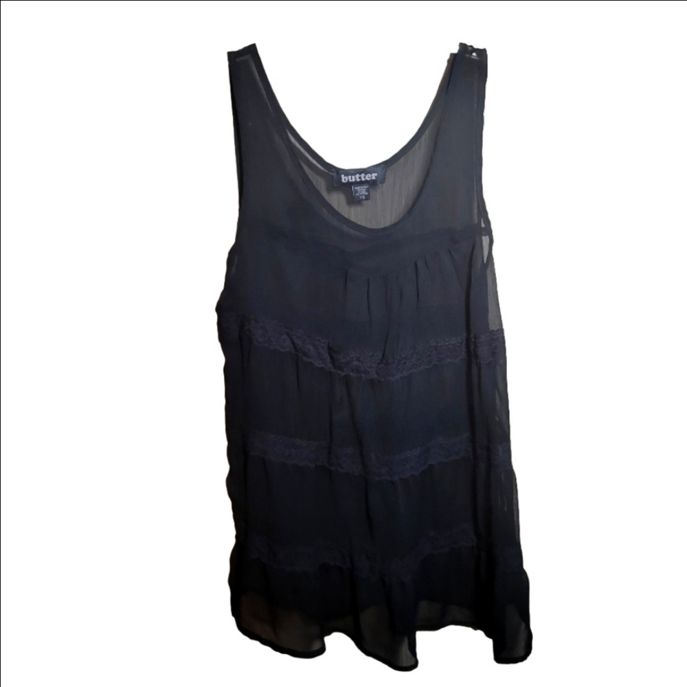 Butter large black sheer sleeveless lace tank overlay style top
